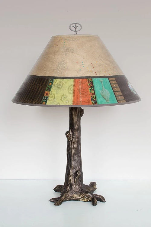 Bronze Tree Table Lamp with Large Conical Shade in Linen Match