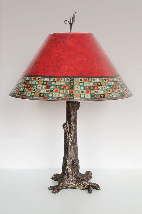 Bronze Tree Table Lamp with Large Conical Shade in Red Mosaic