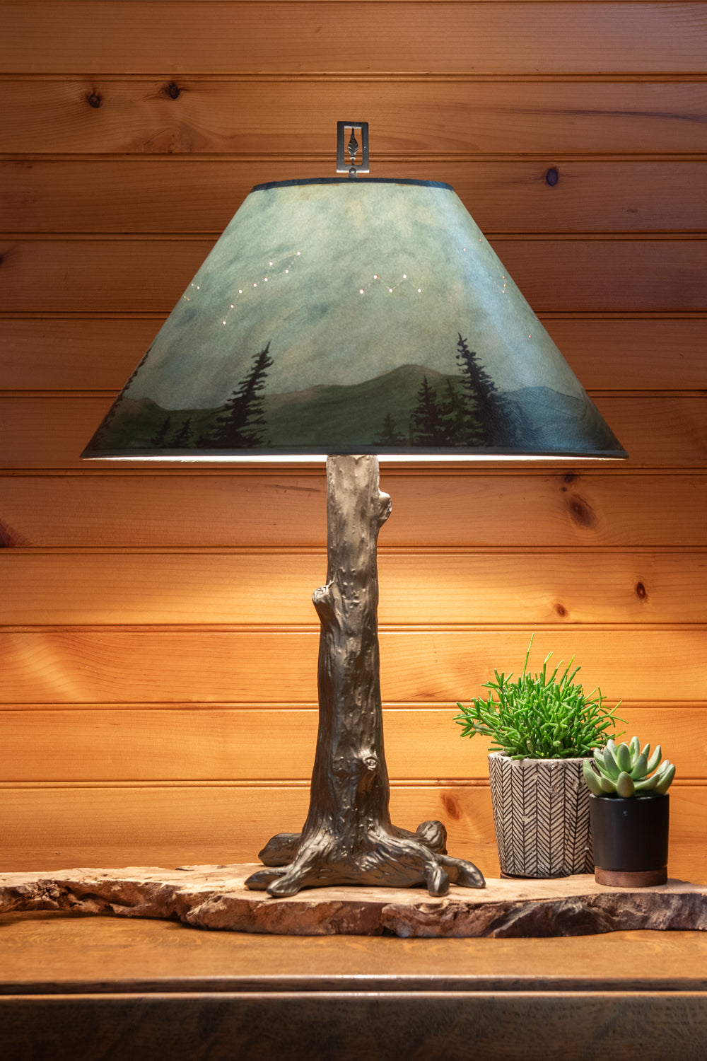 Bronze Tree Table Lamp with Large Conical Shade in Midnight Sky