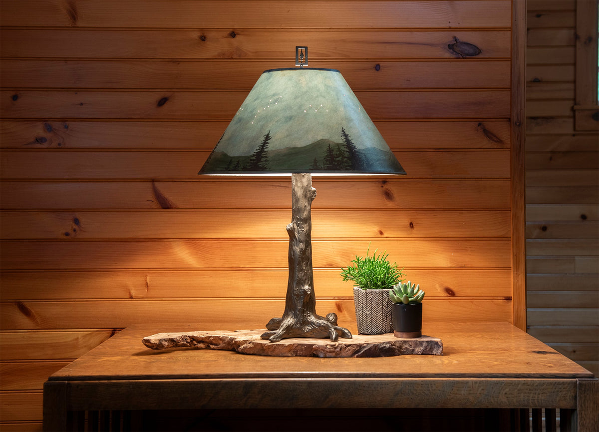 Bronze Tree Table Lamp with Large Conical Shade in Midnight Sky