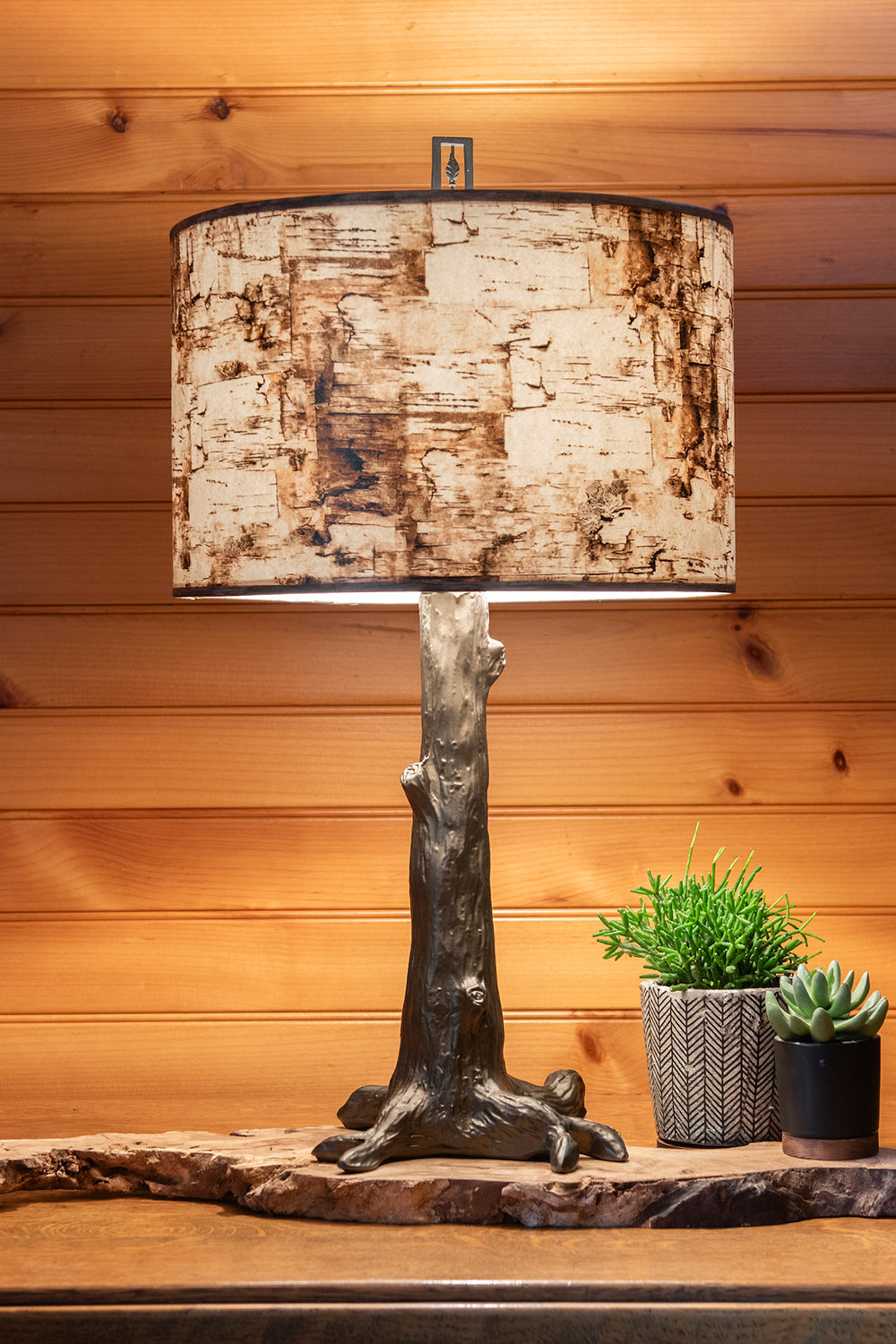 Janna Ugone &amp; Co Table Lamp Bronze Tree Table Lamp with Large Drum Shade in Birch Bark