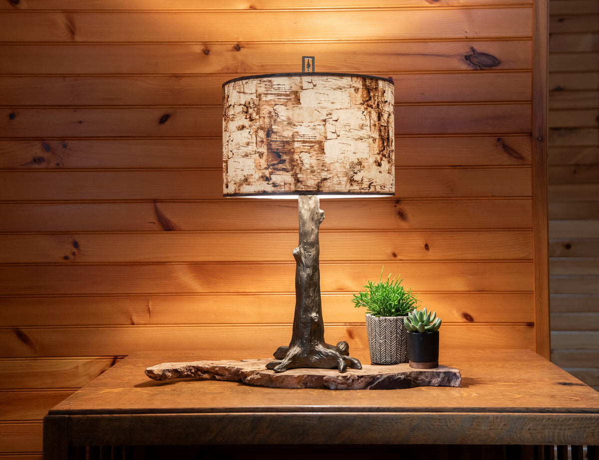 Bronze Tree Table Lamp with Large Drum Shade in Birch Bark