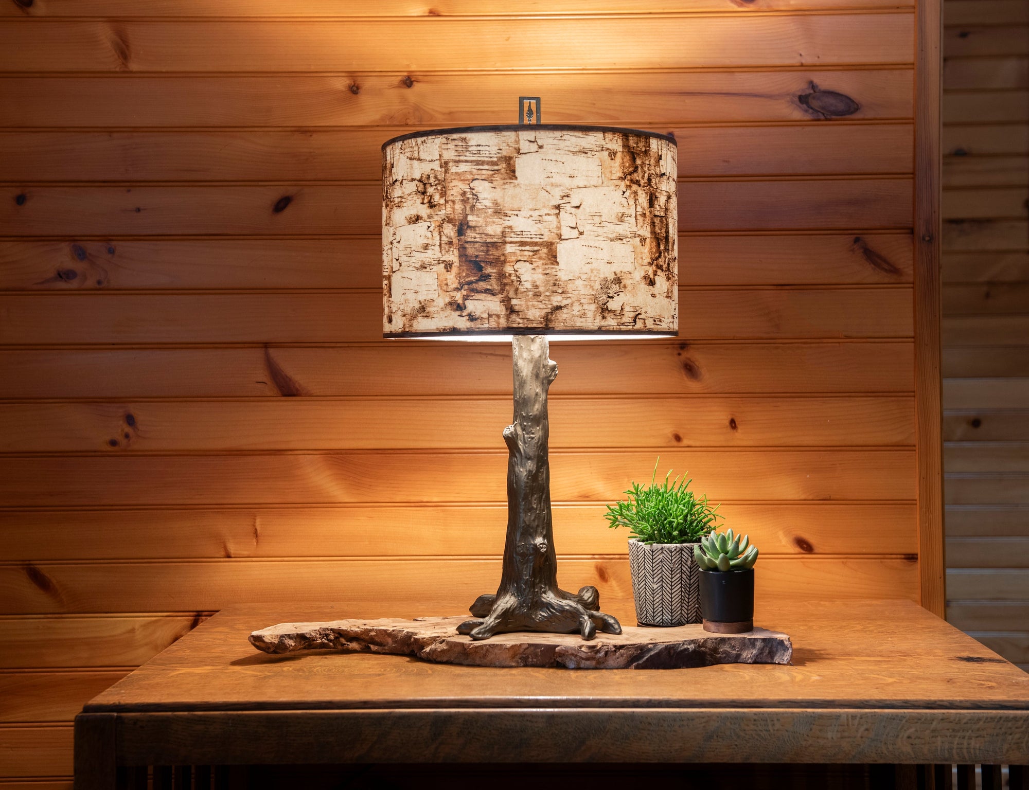 Janna Ugone & Co Table Lamp Bronze Tree Table Lamp with Large Drum Shade in Birch Bark
