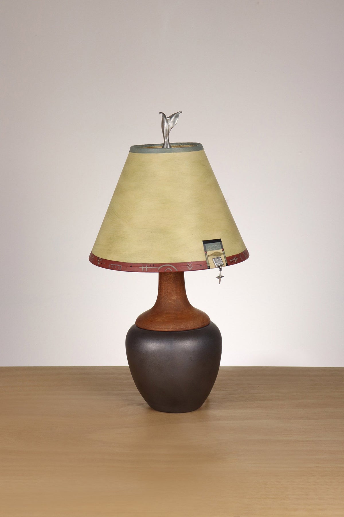 Janna Ugone &amp; Co Ceramic and Maple Table Lamp with Small Conical Shade in Leaf and Charm