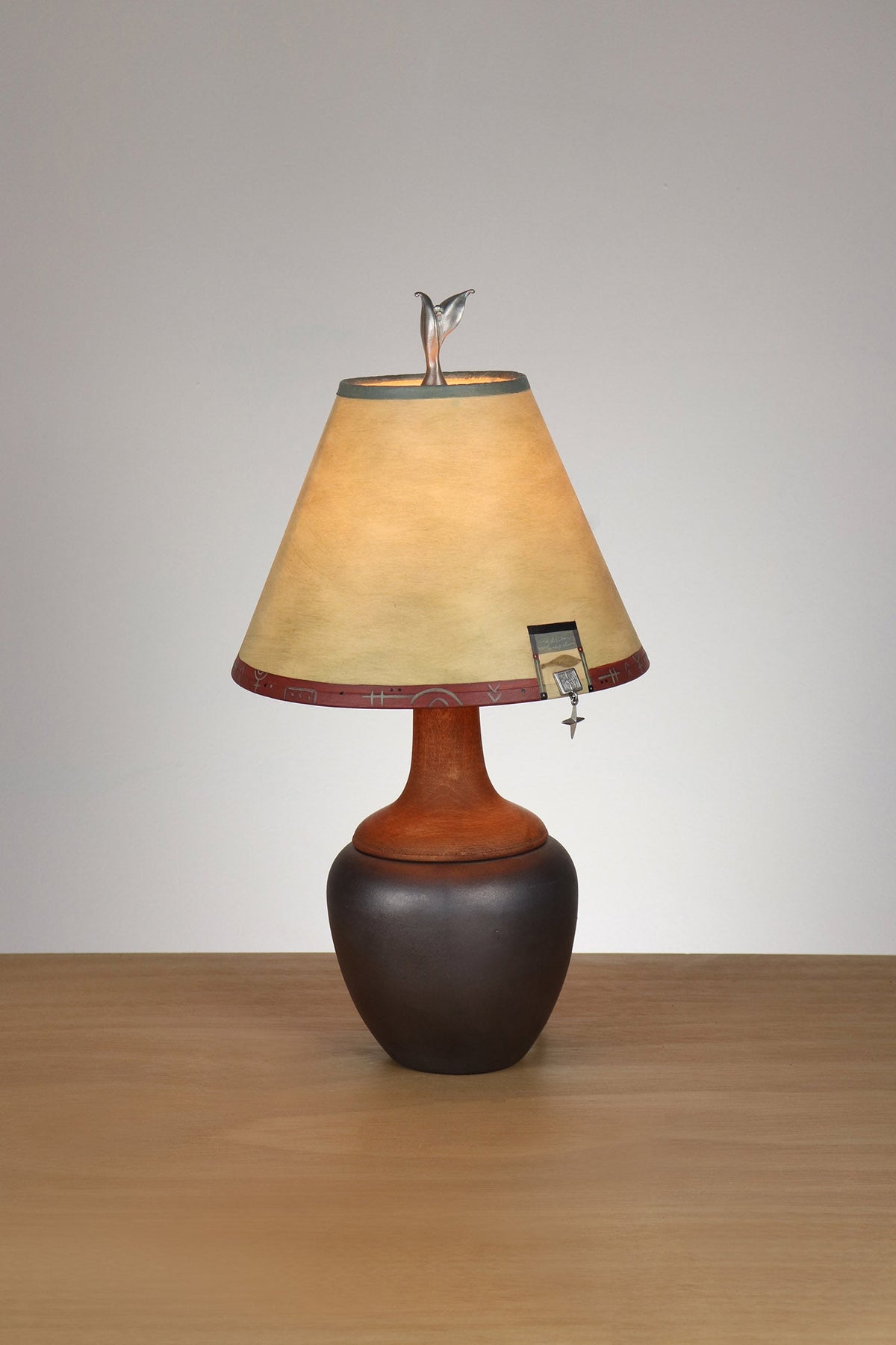 Janna Ugone &amp; Co Ceramic and Maple Table Lamp with Small Conical Shade in Leaf and Charm