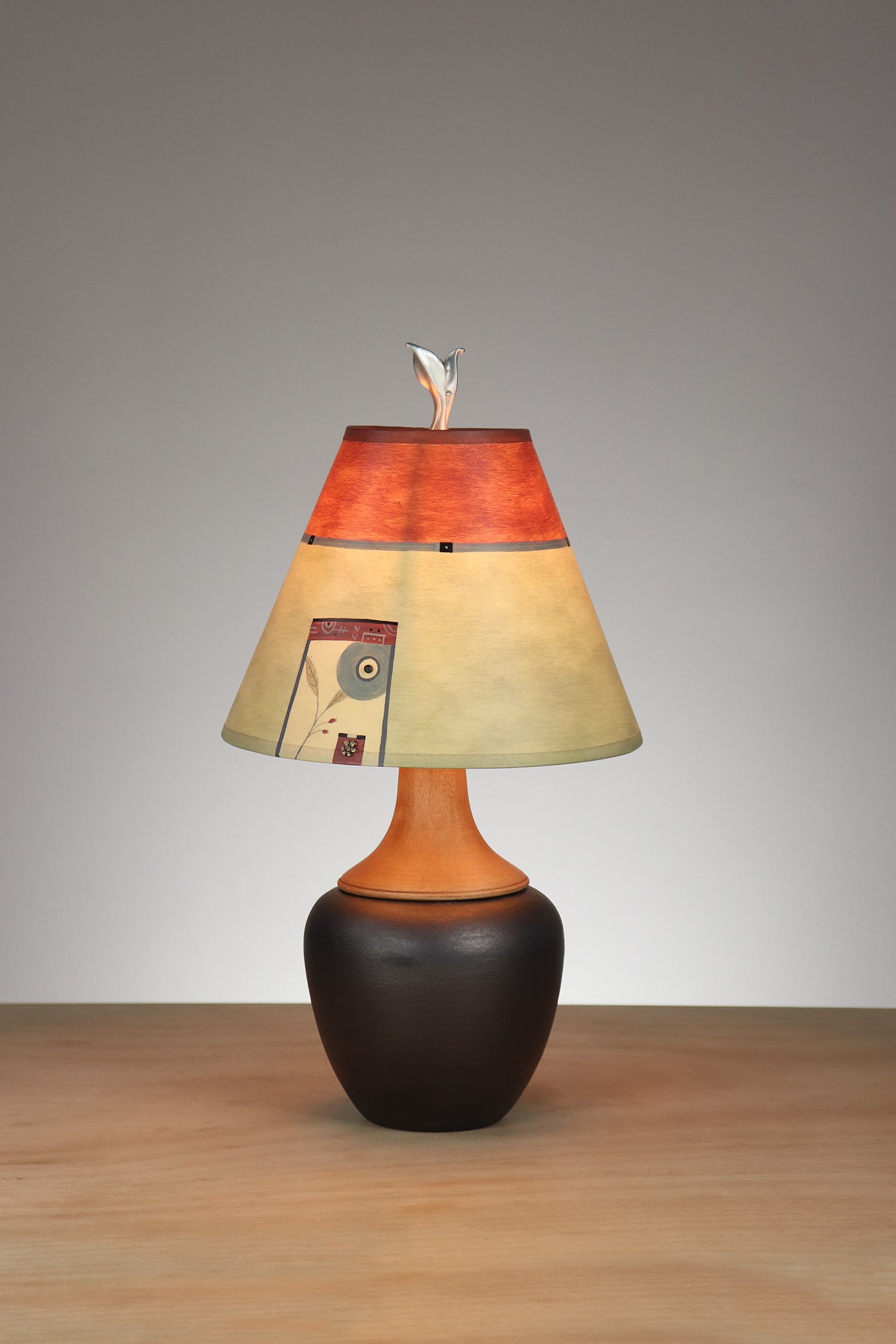 Janna Ugone & Co Ceramic and Maple Table Lamp with Small Conical Shade in Leaf Coin