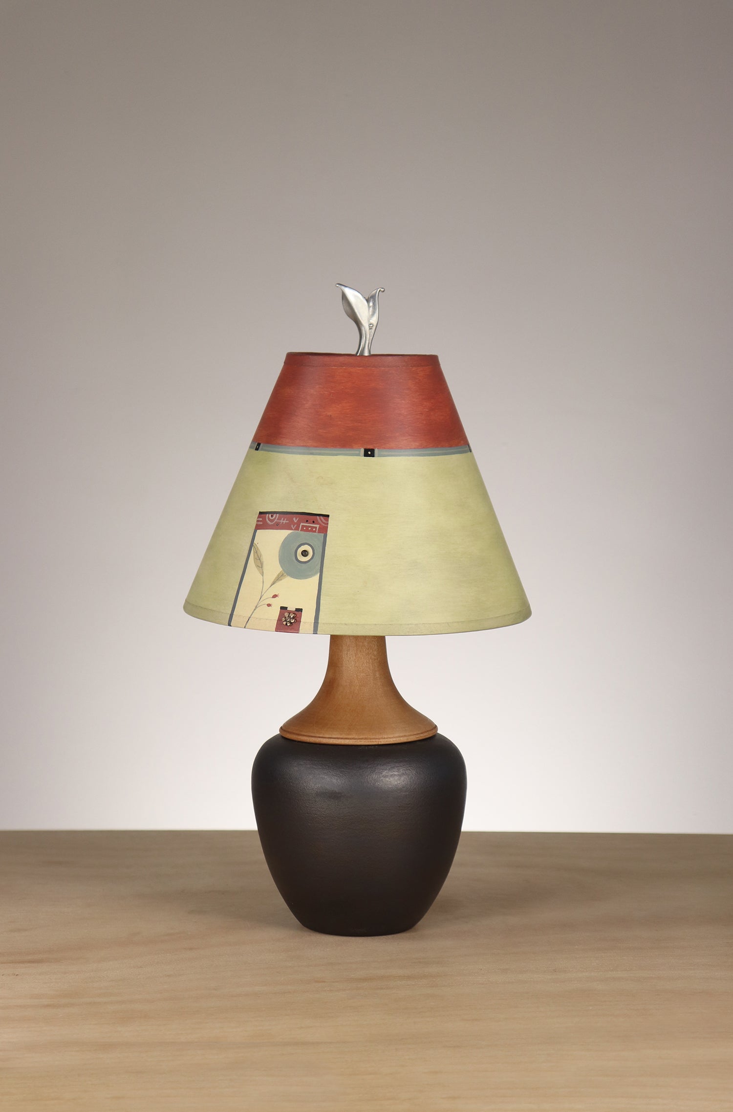 Janna Ugone & Co Ceramic and Maple Table Lamp with Small Conical Shade in Leaf Coin