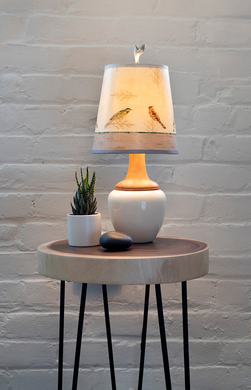 Janna Ugone &amp; Co Ceramic and Maple Table Lamp in Ivory Gloss with Small Drum Shade in Bird Friends