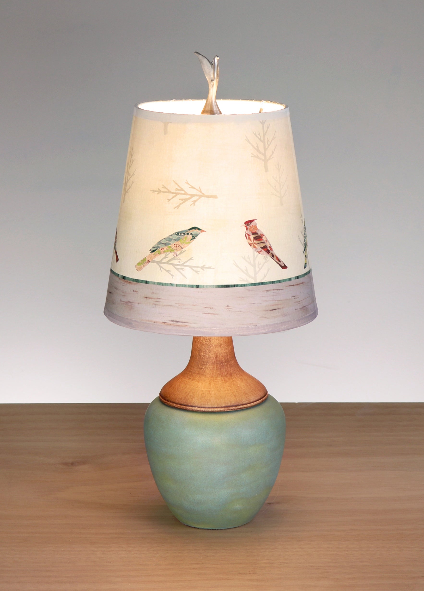 Ceramic and Maple Table Lamp with Small Drum Shade in Bird Friends