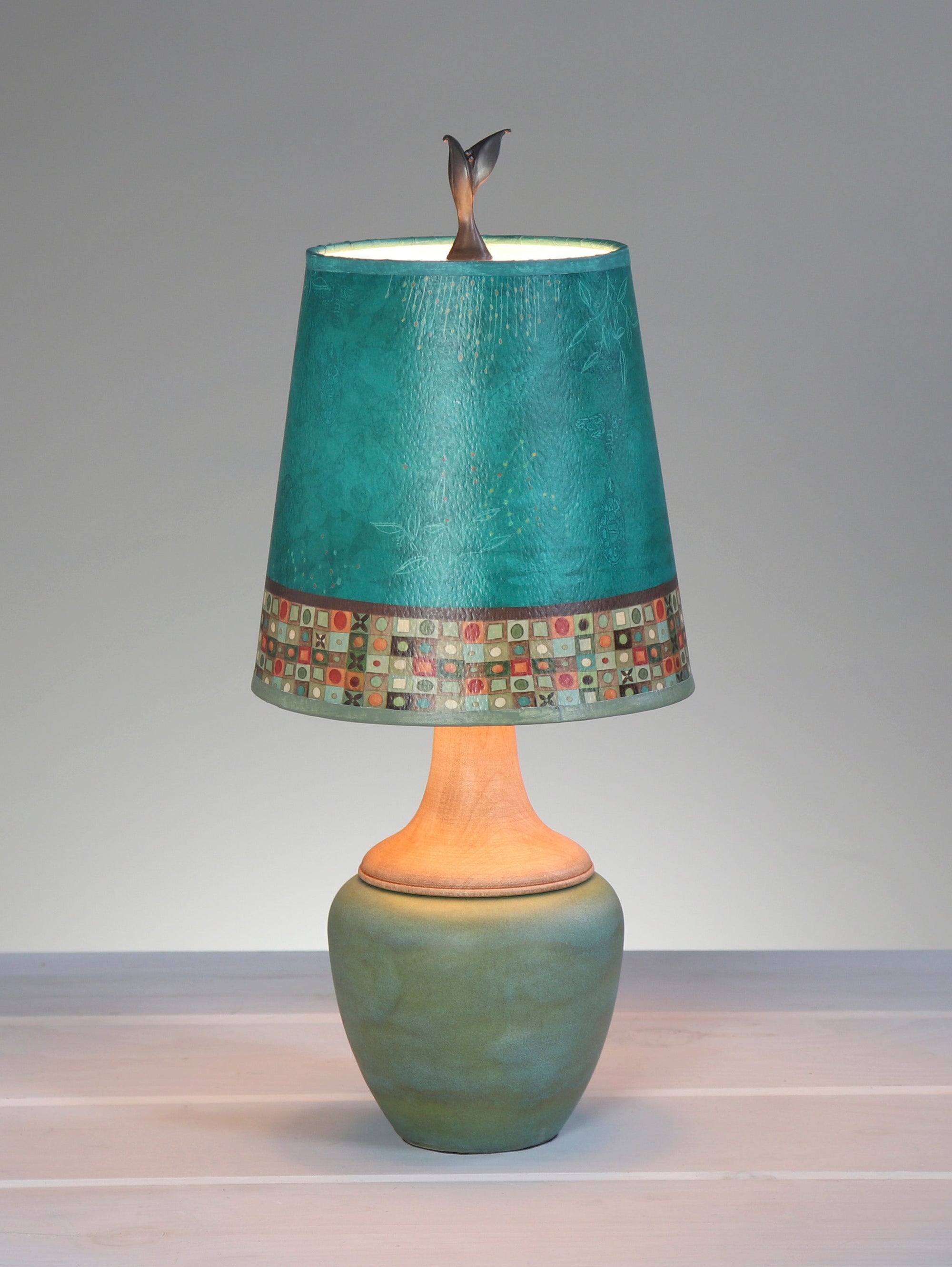 Janna Ugone & Co Table Lamps Ceramic and Maple Table Lamp with Small Drum Shade in Jade Mosaic
