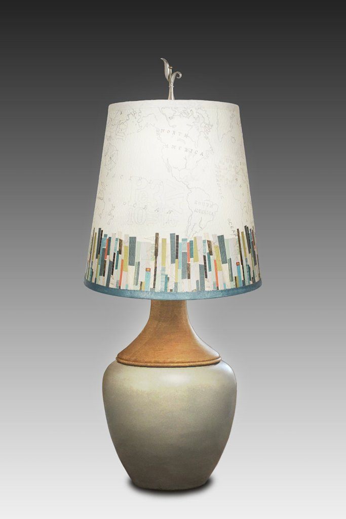 Janna Ugone & Co Table Lamps Ceramic and Maple Table Lamp with Small Drum Shade in Papers Edge