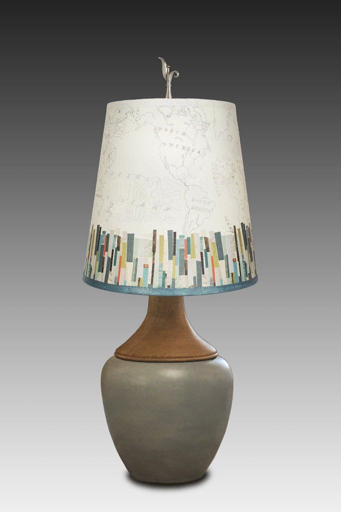 Ceramic and Maple Table Lamp with Small Drum Shade in Papers Edge