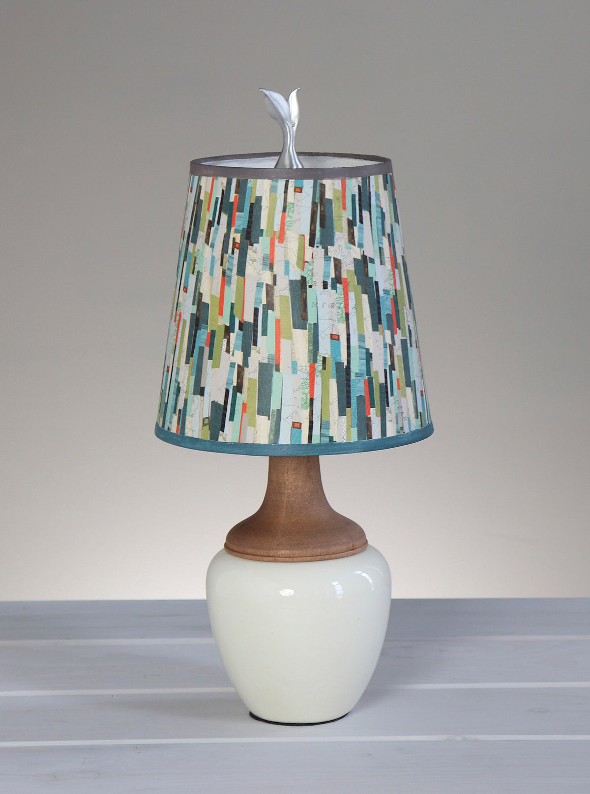 Ceramic and Maple Table Lamp in Ivory Gloss with Small Drum Shade in Papers