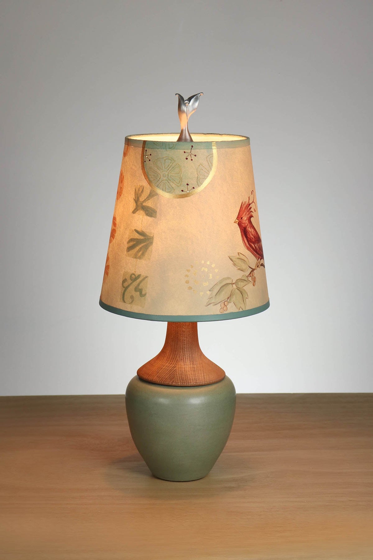 Janna Ugone &amp; Co Ceramic and Maple Table Lamp with Small Drum Shade in Sweet Bird in Celery