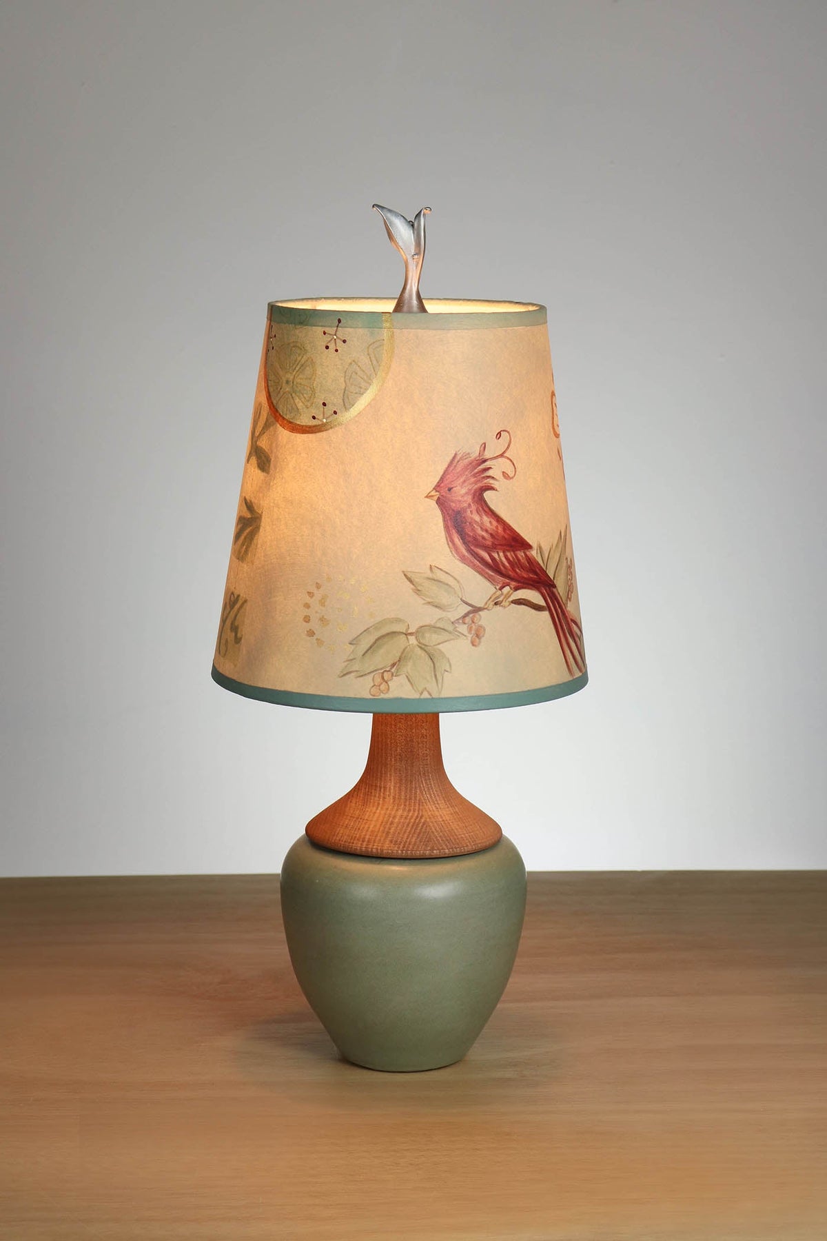 Janna Ugone &amp; Co Ceramic and Maple Table Lamp with Small Drum Shade in Sweet Bird in Celery