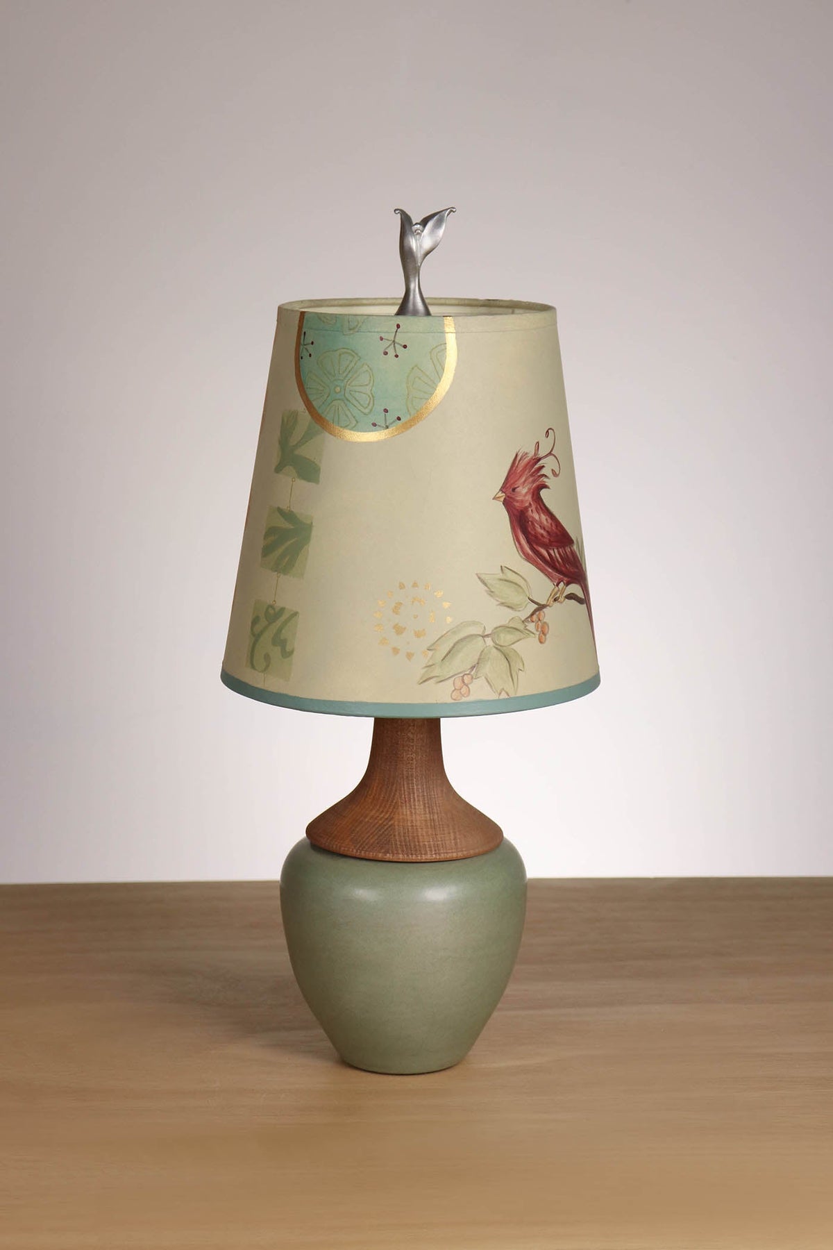 Janna Ugone &amp; Co Ceramic and Maple Table Lamp with Small Drum Shade in Sweet Bird in Celery