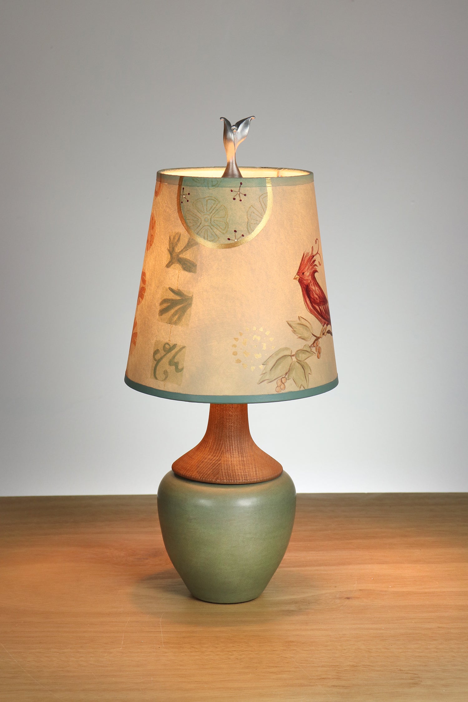 Janna Ugone & Co Ceramic and Maple Table Lamp with Small Drum Shade in Sweet Bird in Celery