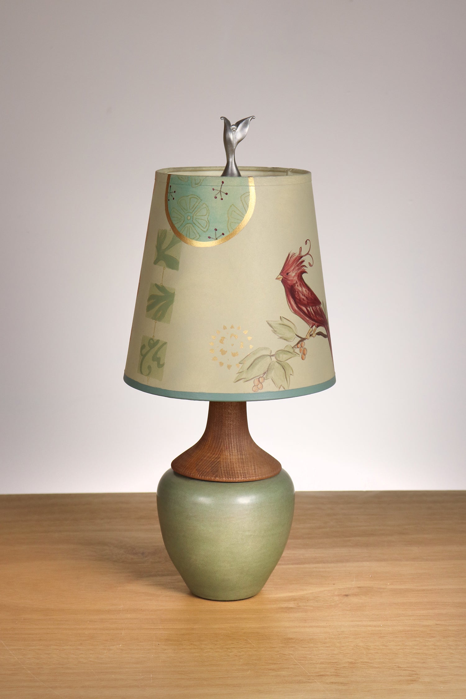 Janna Ugone & Co Ceramic and Maple Table Lamp with Small Drum Shade in Sweet Bird in Celery