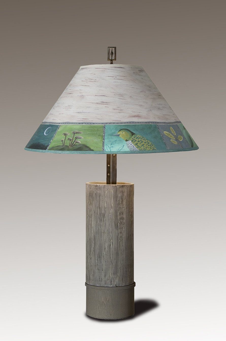 Ceramic and Wood Table Lamp with Large Conical Shade in Woodland Trail in Birch