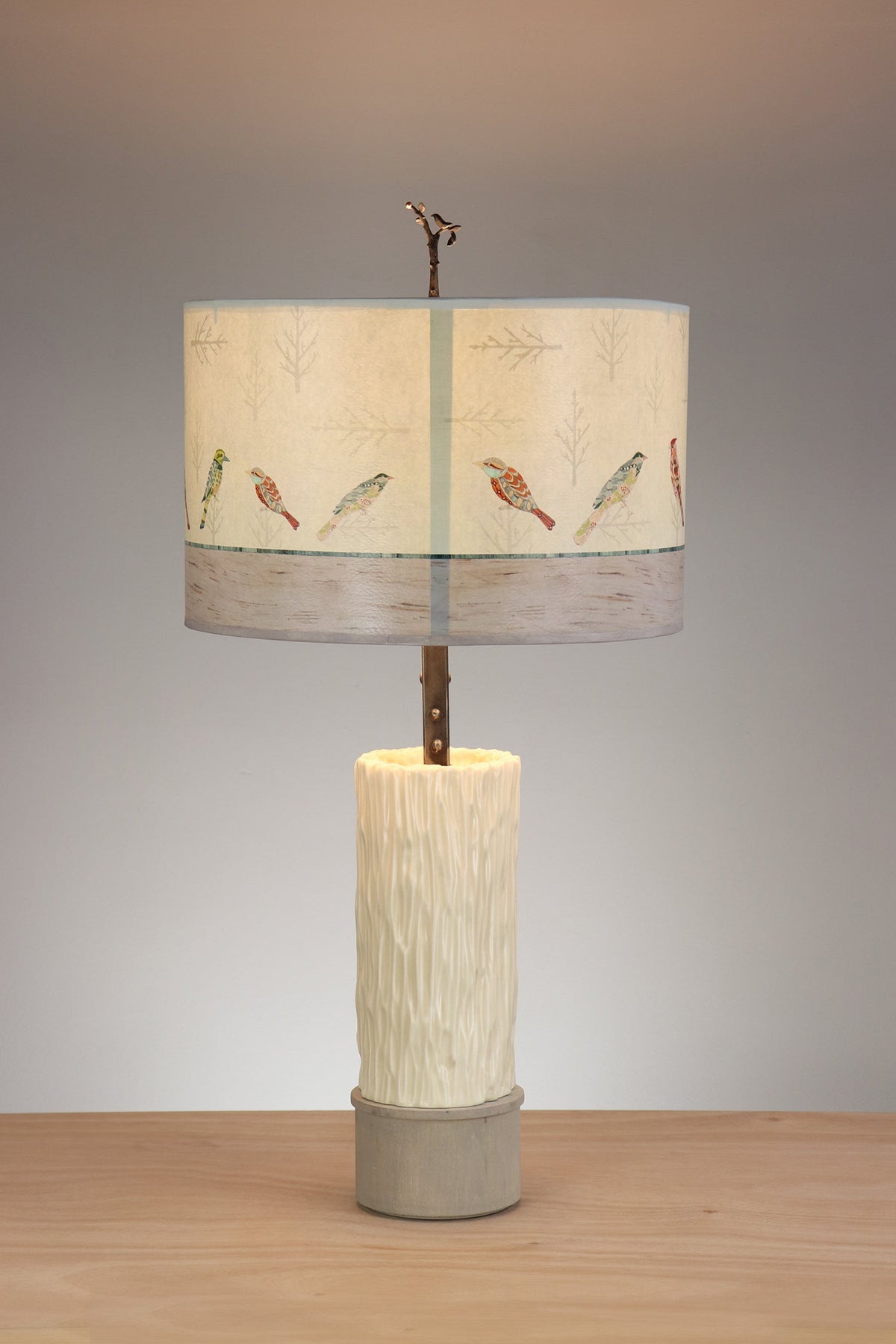 Janna Ugone &amp; Co Table Lamps Ceramic and Wood Table Lamp with Large Drum Shade in Bird Friends