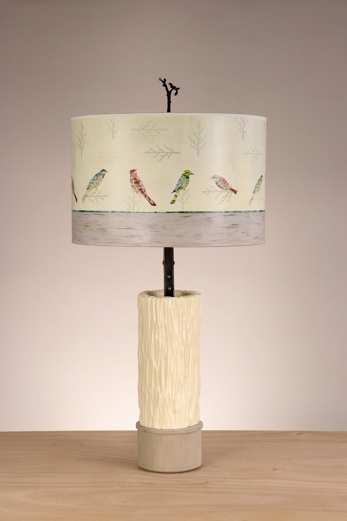 Janna Ugone &amp; Co Table Lamps Ceramic and Wood Table Lamp with Large Drum Shade in Bird Friends