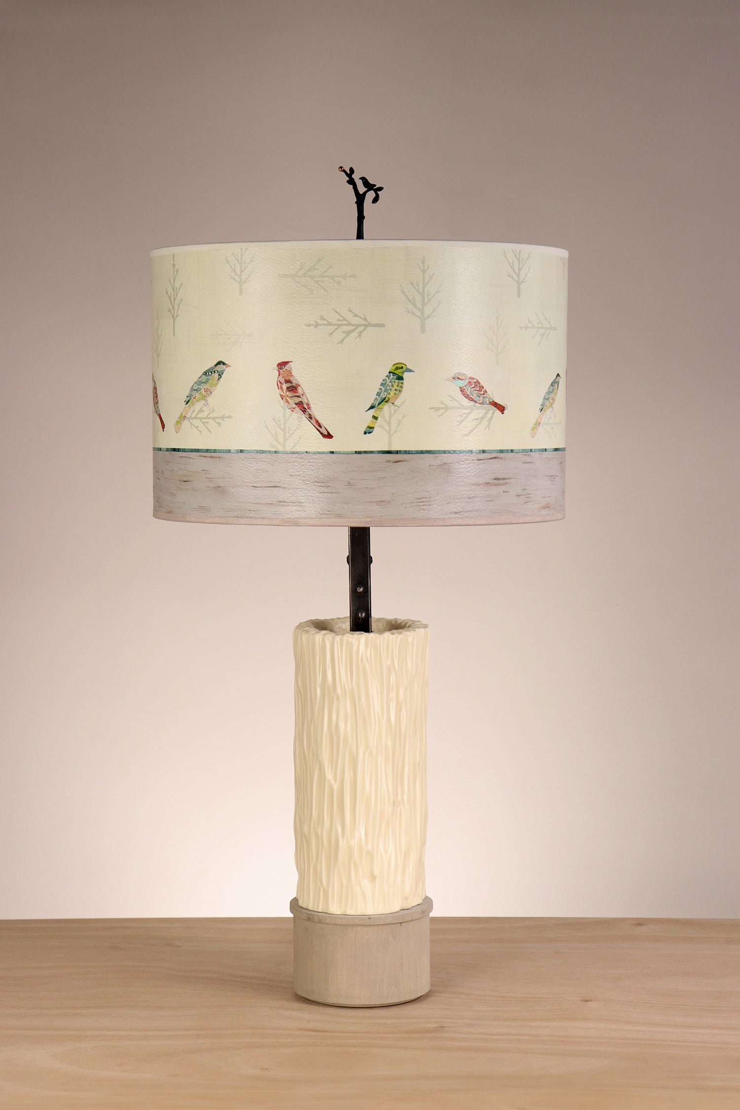 Janna Ugone & Co Table Lamps Ceramic and Wood Table Lamp with Large Drum Shade in Bird Friends