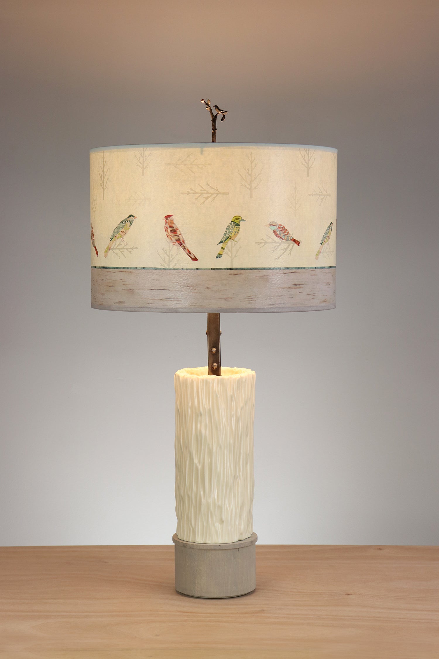 Janna Ugone & Co Table Lamps Ceramic and Wood Table Lamp with Large Drum Shade in Bird Friends