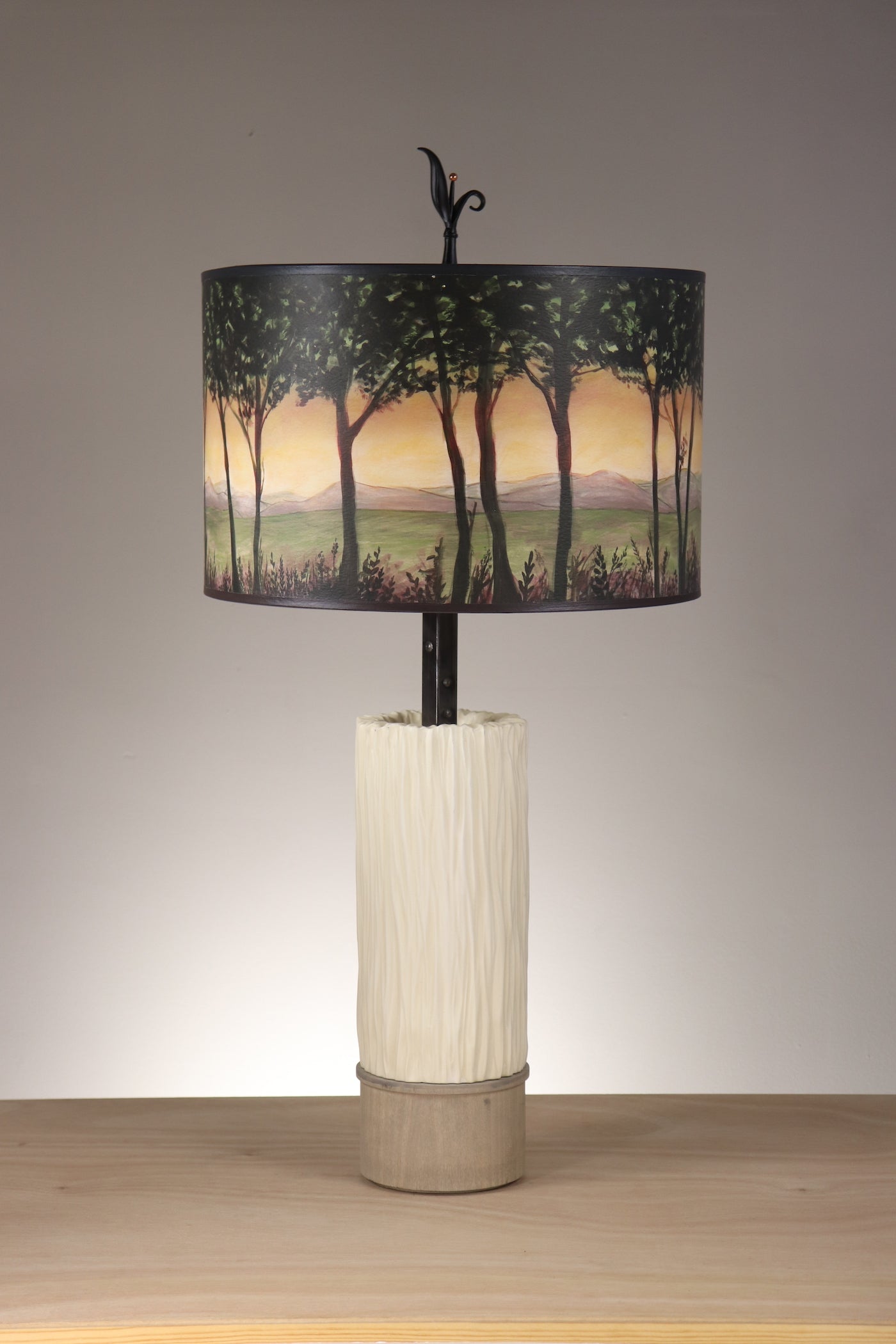 Janna Ugone & Co Table Lamps Ceramic and Wood Table Lamp with Large Drum Shade in Dawn