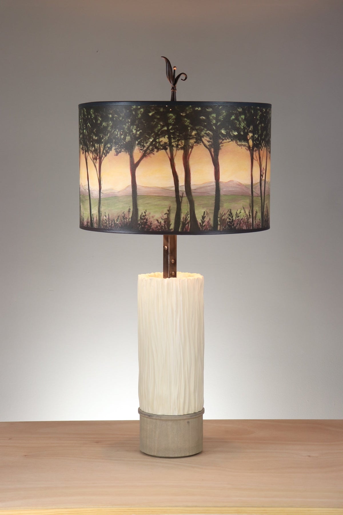 Janna Ugone &amp; Co Table Lamps Ceramic and Wood Table Lamp with Large Drum Shade in Dawn