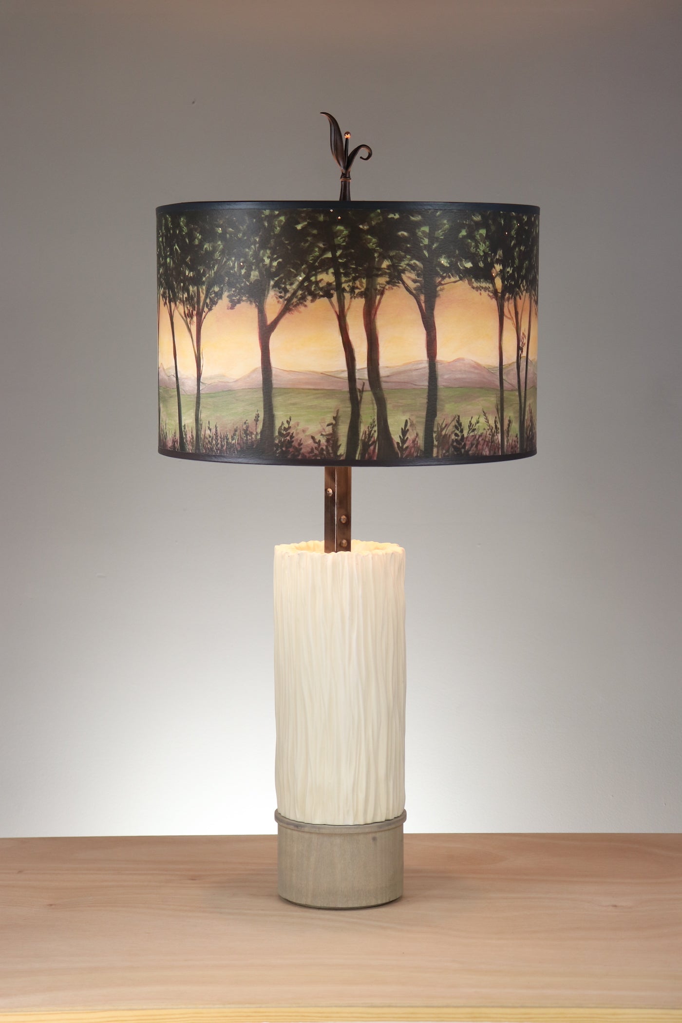 Janna Ugone & Co Table Lamps Ceramic and Wood Table Lamp with Large Drum Shade in Dawn