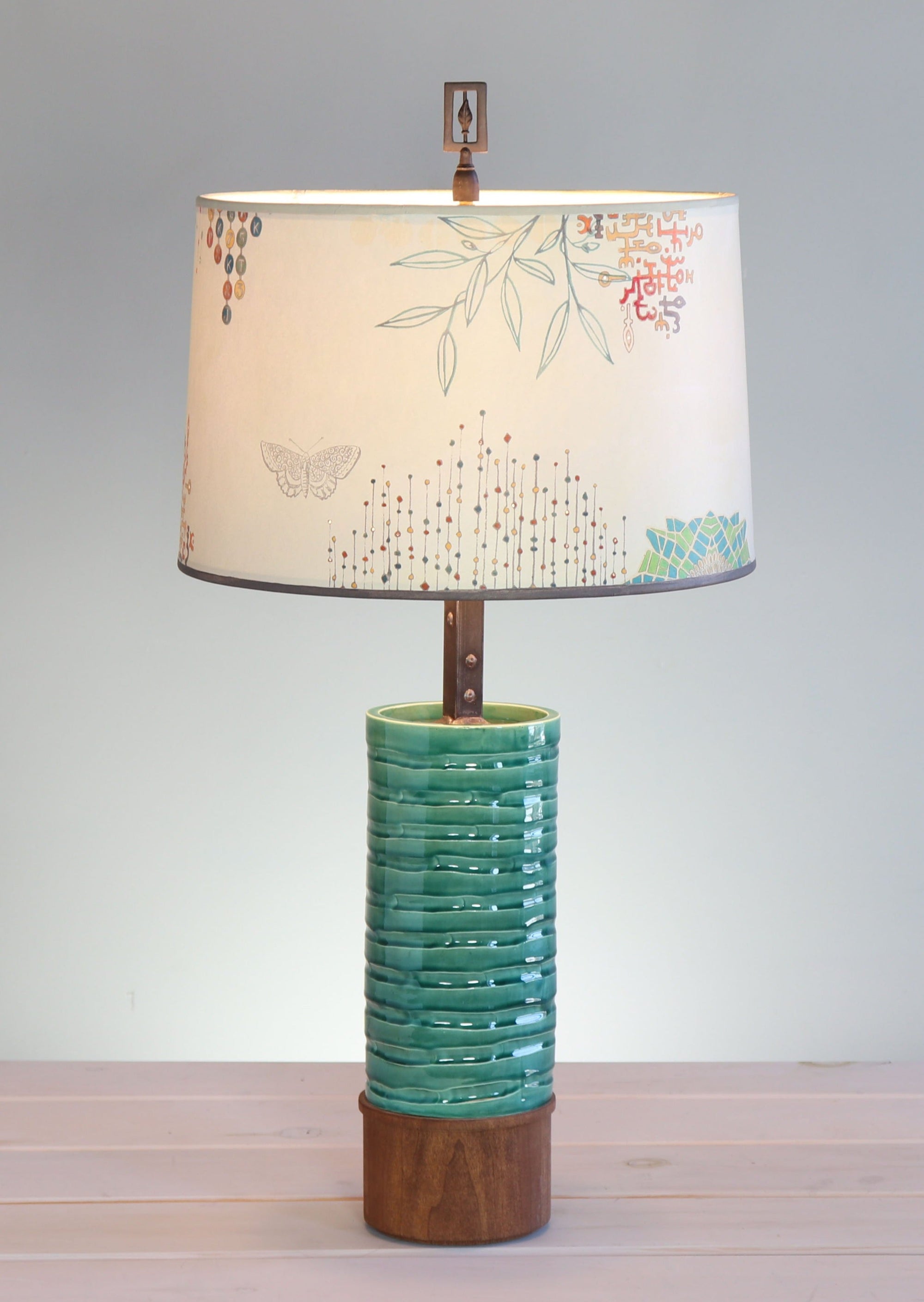 Janna Ugone & Co Table Lamps Ceramic and Wood Table Lamp with Large Drum Shade in Ecru Journey