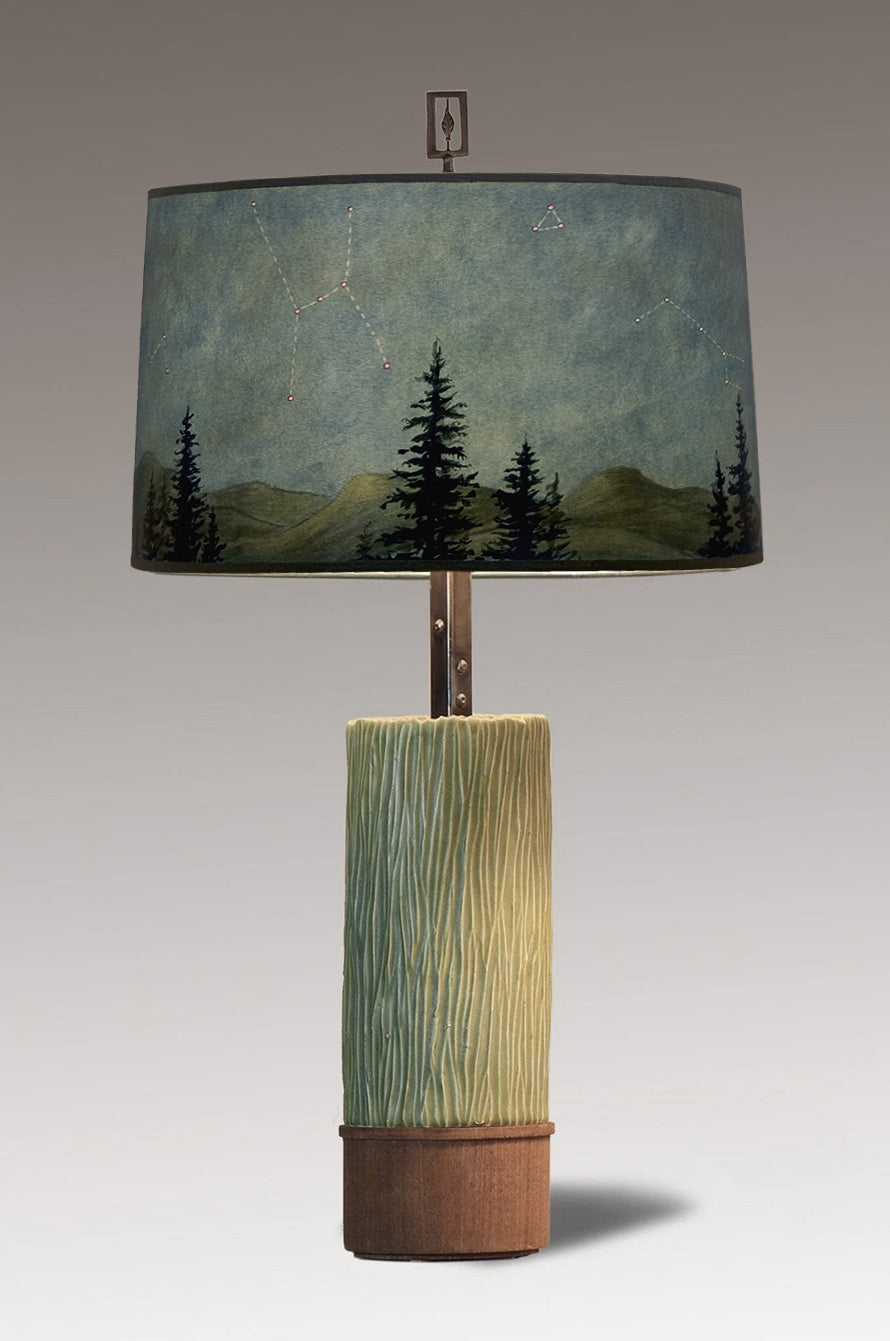 Ceramic and Wood Table Lamp with Large Drum Shade in Midnight Sky
