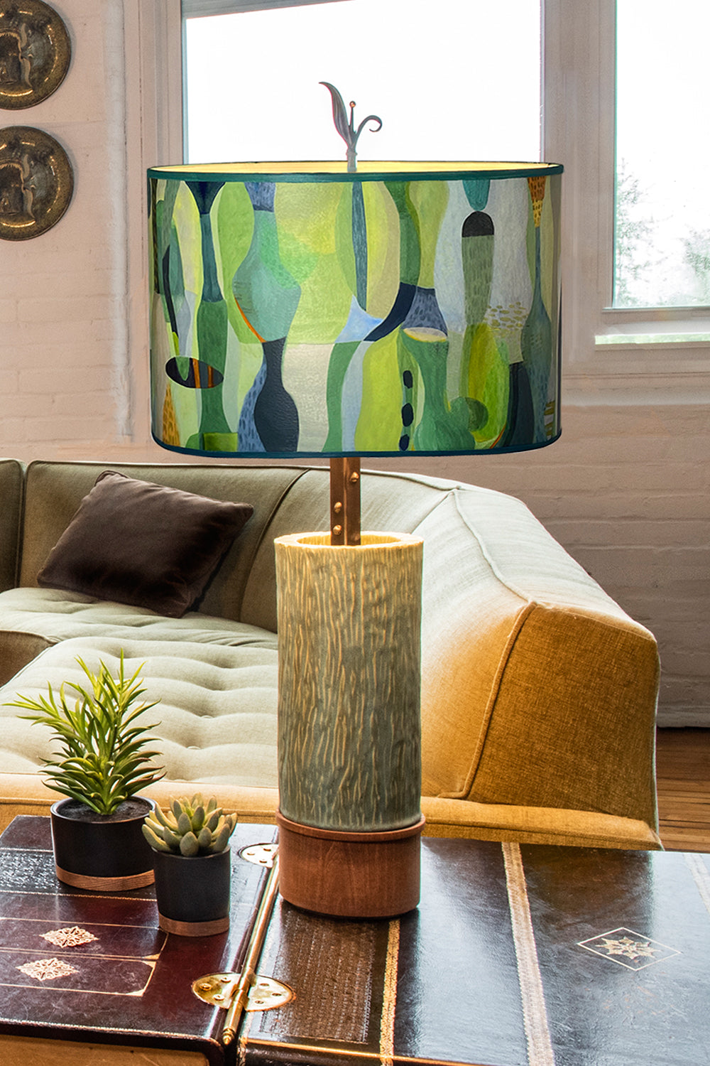 Janna Ugone &amp; Co Table Lamp Ceramic and Wood Table Lamp with Large Drum Shade in Riviera in Citrus