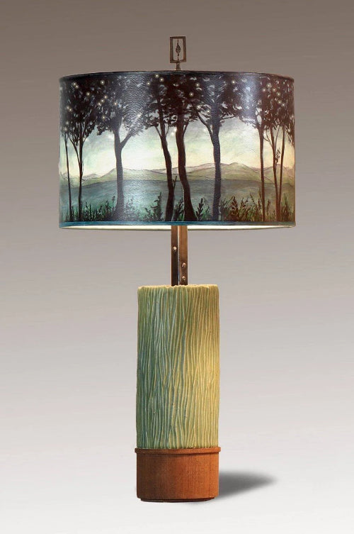 Janna Ugone & Co Table Lamps Ceramic and Wood Table Lamp with Large Drum Shade in Twilight