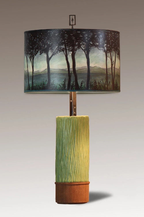 Janna Ugone & Co Table Lamps Ceramic and Wood Table Lamp with Large Drum Shade in Twilight