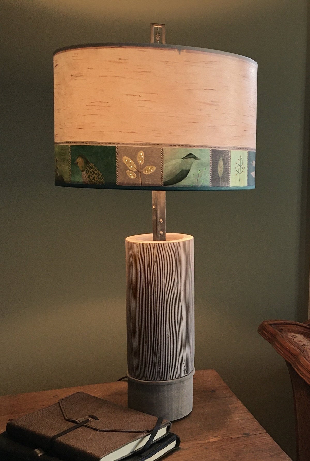 Ceramic and Wood Table Lamp with Large Drum Shade in Woodland Trail in Birch