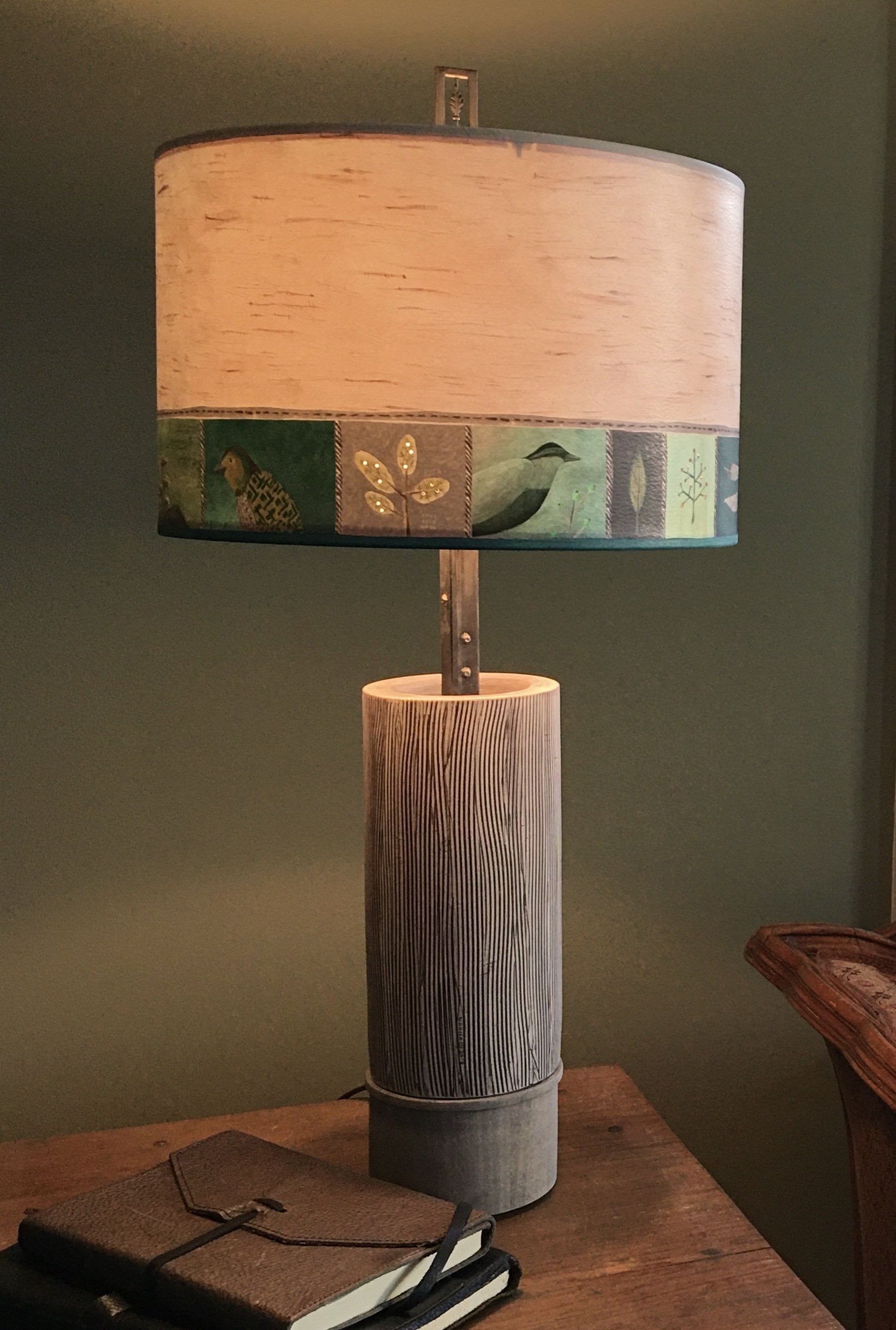 Janna Ugone & Co Table Lamps Ceramic and Wood Table Lamp with Large Drum Shade in Woodland Trail in Birch