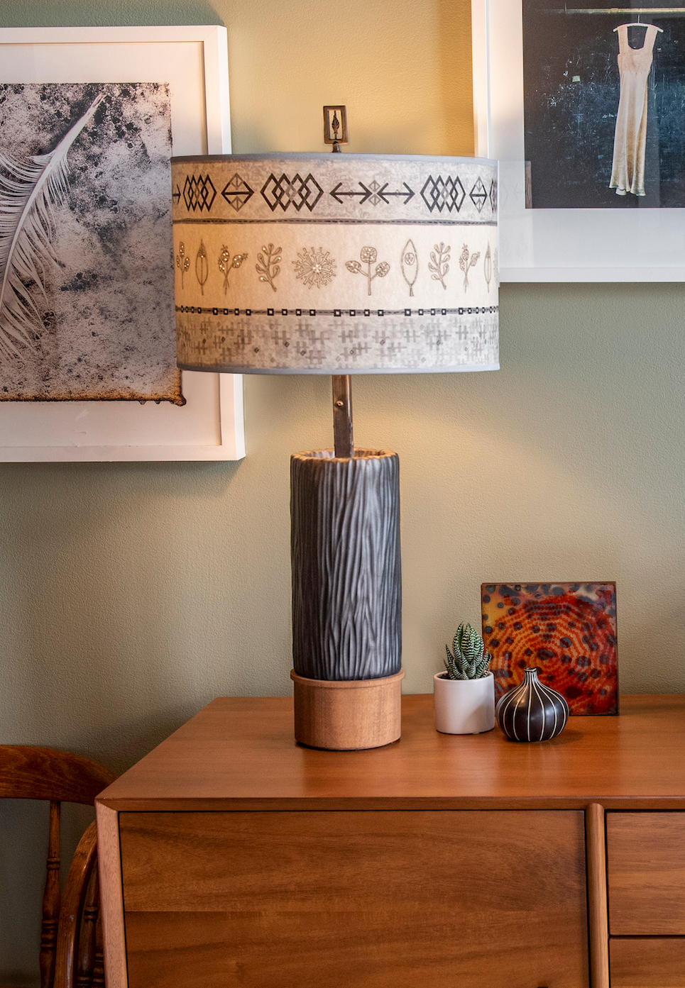 Ceramic and Wood Table Lamp with Large Drum Shade in Woven &amp; Sprig in Mist
