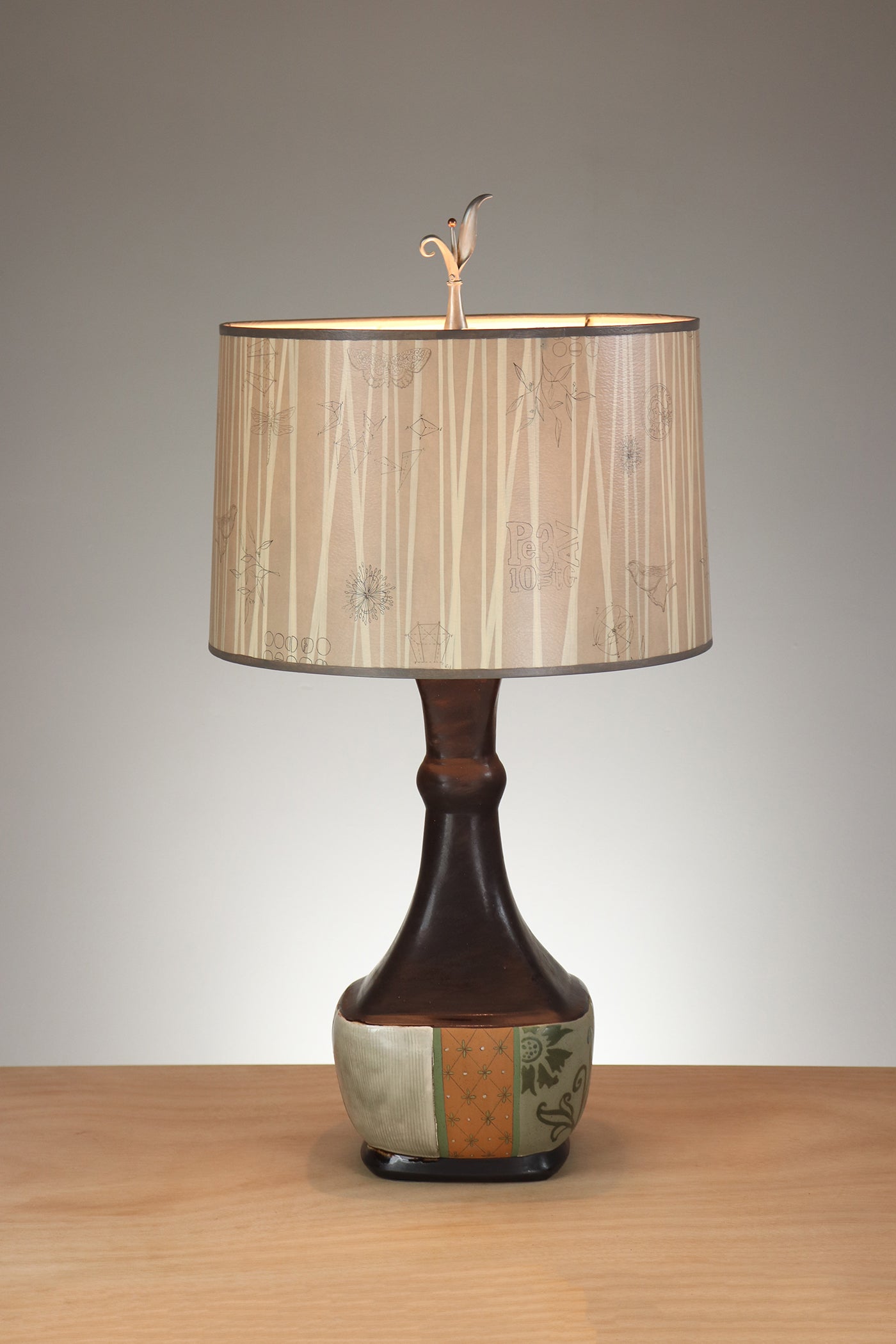 Janna Ugone & Co Table Lamp Ceramic Brocade Table Lamp with Large Drum Shade in Birch Lines