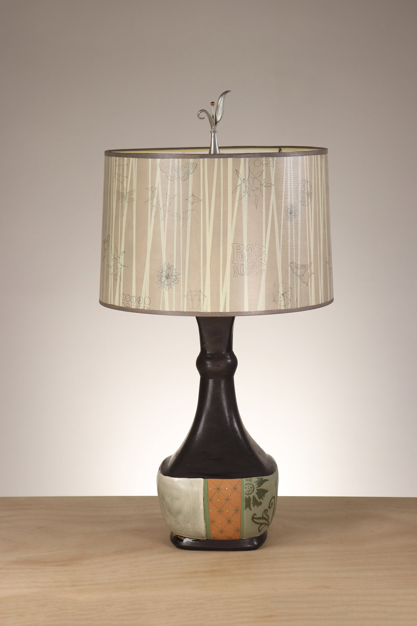 Janna Ugone & Co Table Lamp Ceramic Brocade Table Lamp with Large Drum Shade in Birch Lines