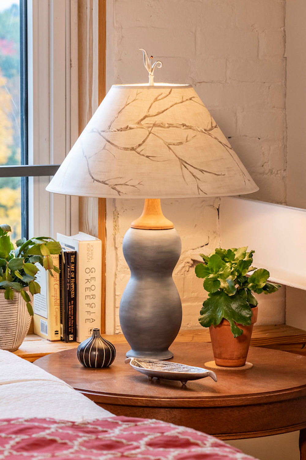 Janna Ugone & Co Table Lamp Ceramic & Maple Table Lamp with Large Conical Shade in Sweeping Branch