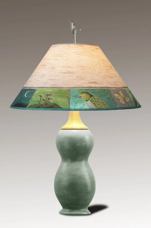 Ceramic &amp; Maple Table Lamp with Large Conical Shade in Woodland Trail in Birch