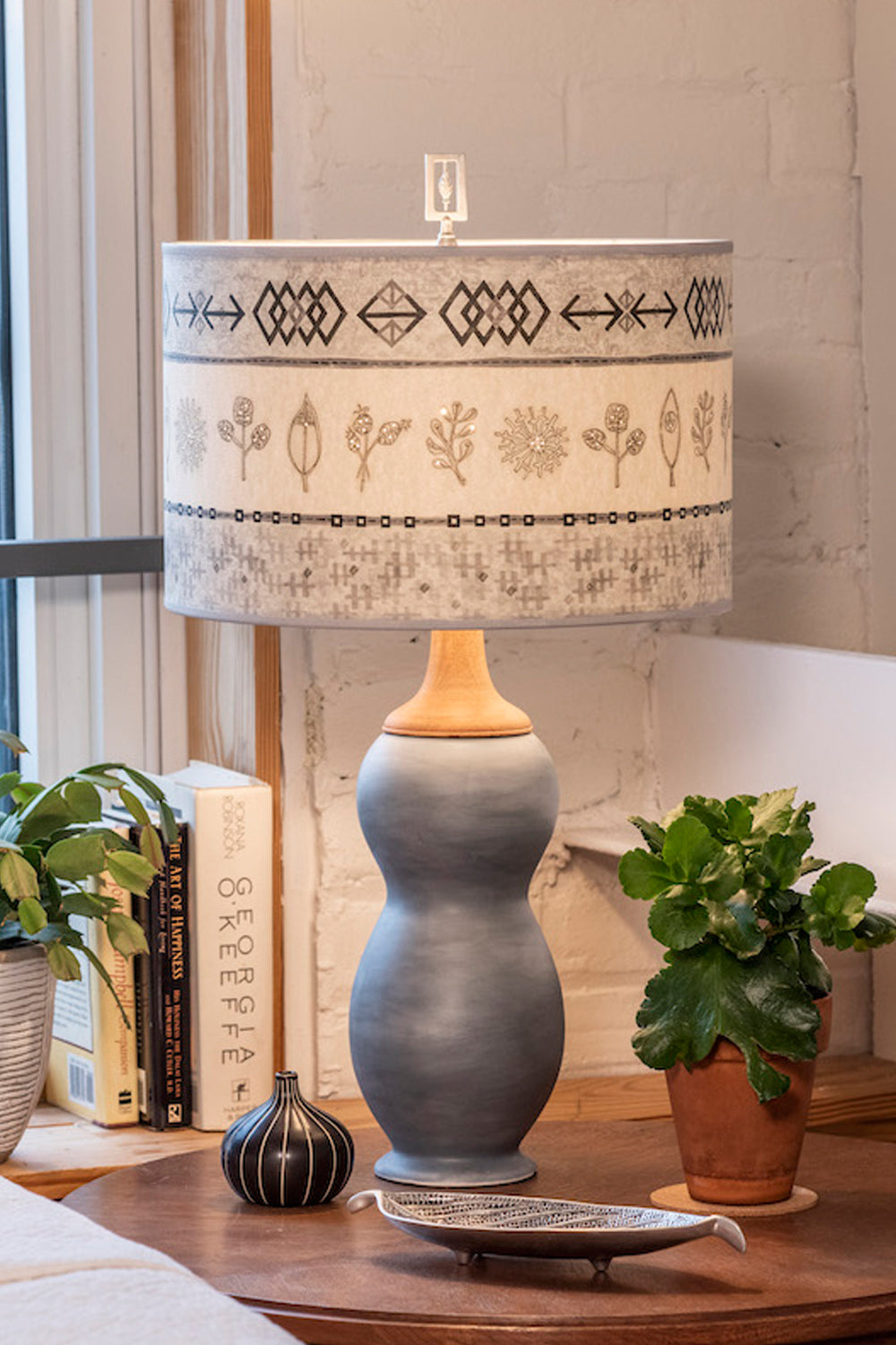 Janna Ugone &amp; Co Table Lamp Ceramic &amp; Maple Table Lamp with Large Drum Shade in Woven &amp; Sprig in Mist