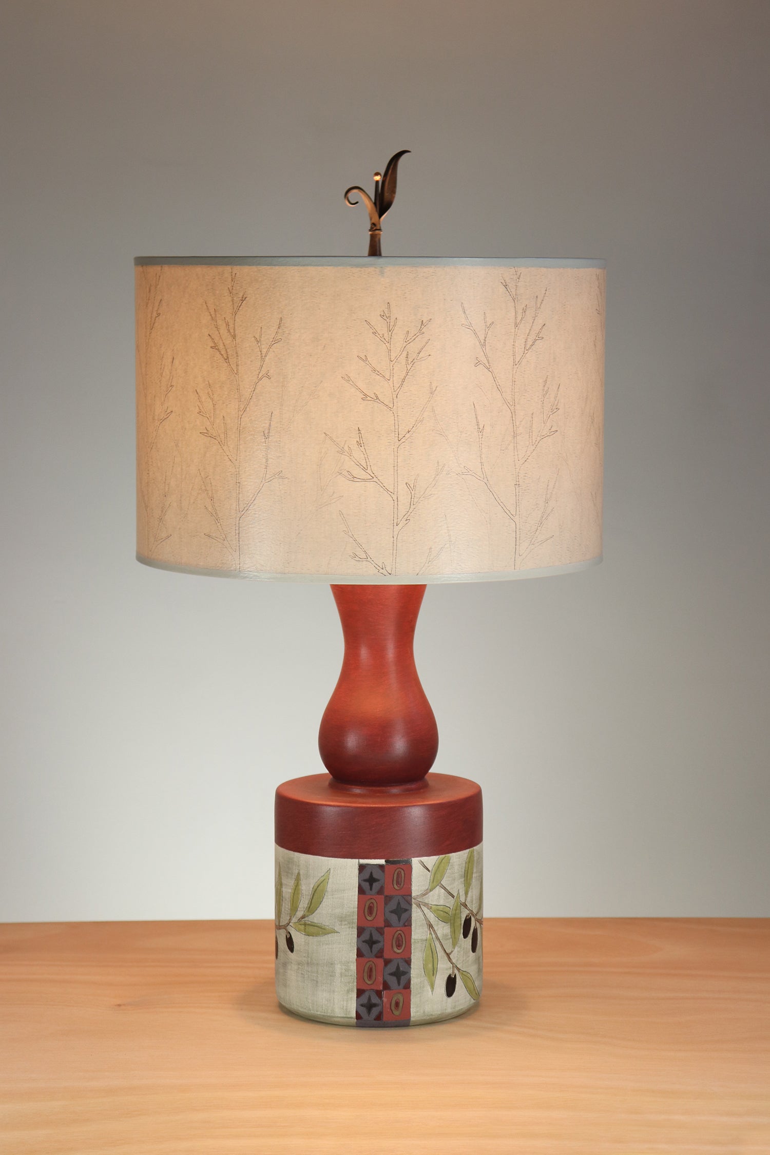 Janna Ugone & Co Table Lamp Ceramic Olive Mosaic Table Lamp with Large Drum Shade in Misty Trees