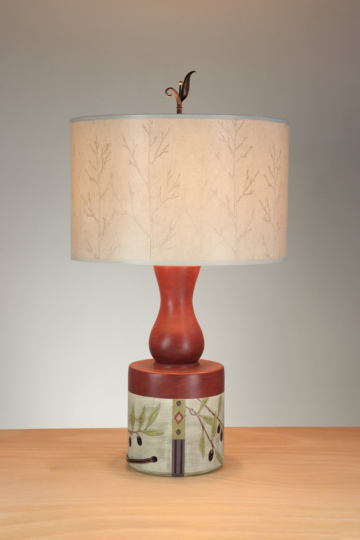 Janna Ugone &amp; Co Table Lamp Ceramic Olive Mosaic Table Lamp with Large Drum Shade in Misty Trees