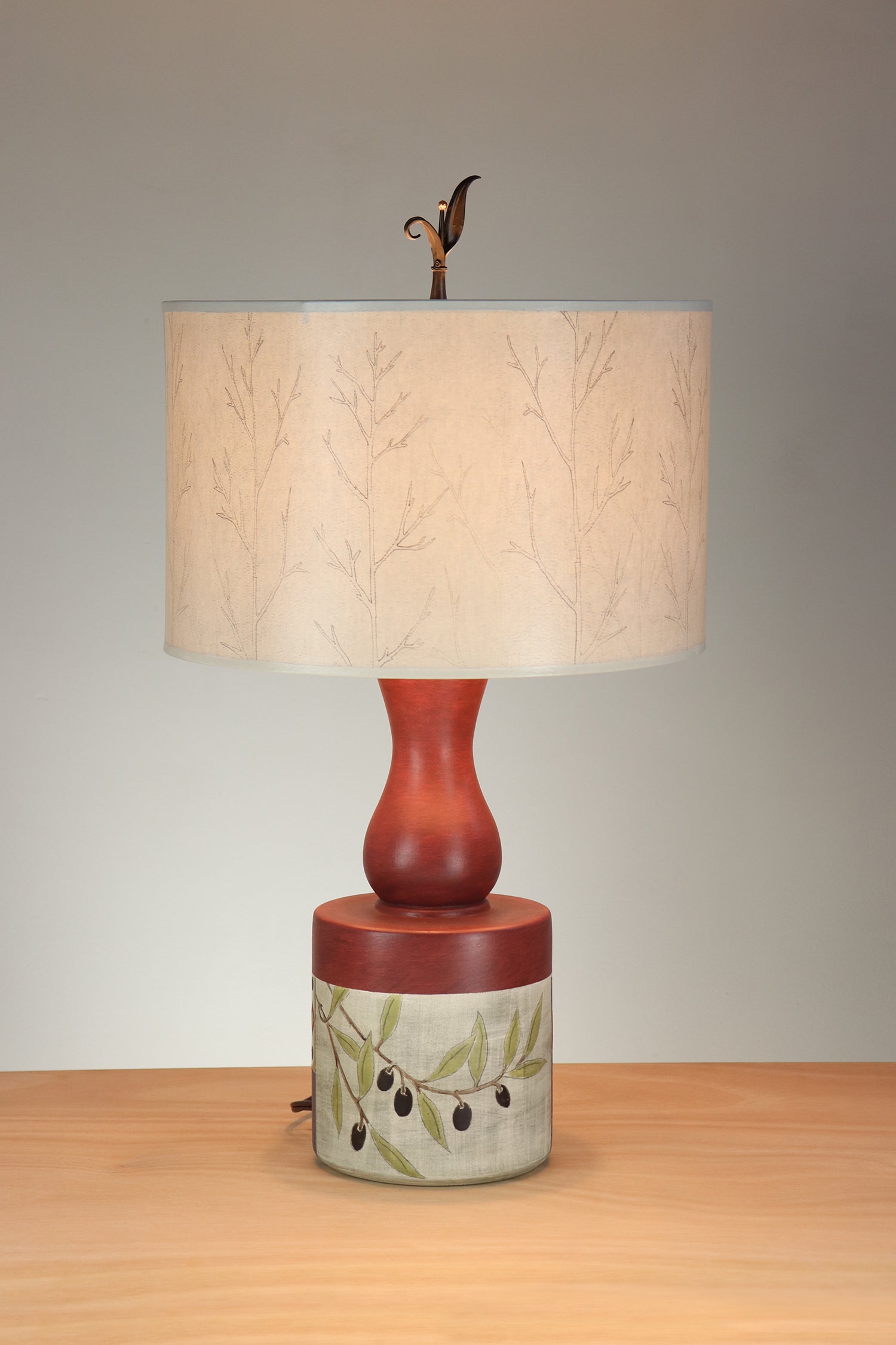 Janna Ugone & Co Table Lamp Ceramic Olive Mosaic Table Lamp with Large Drum Shade in Misty Trees