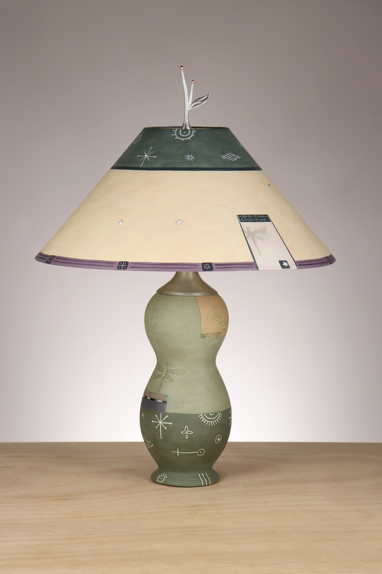 Janna Ugone & Co Table Lamps Ceramic & Pewter Table Lamp with Large Conical Shade in Dragonfly in Sage
