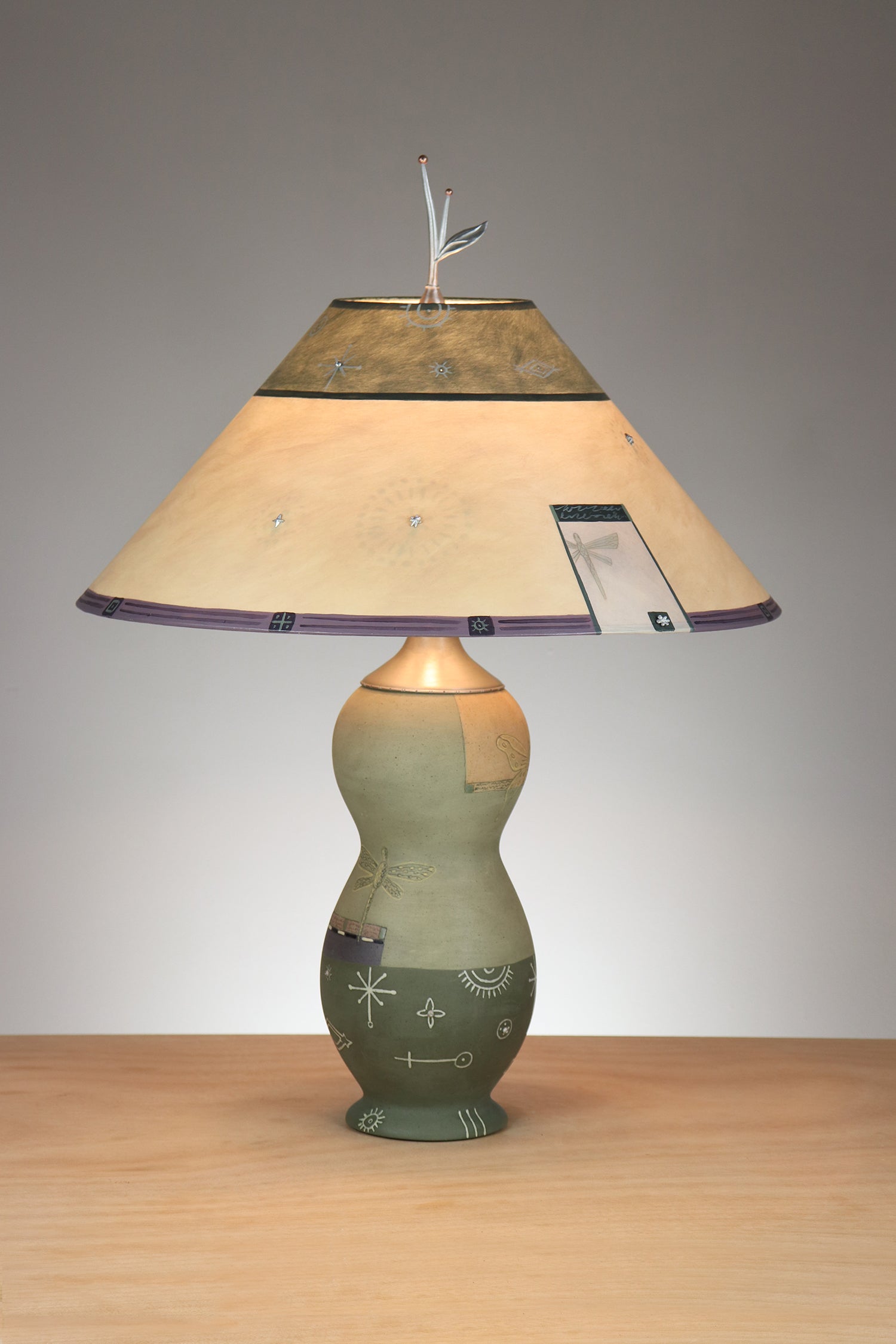 Janna Ugone & Co Table Lamps Ceramic & Pewter Table Lamp with Large Conical Shade in Dragonfly in Sage