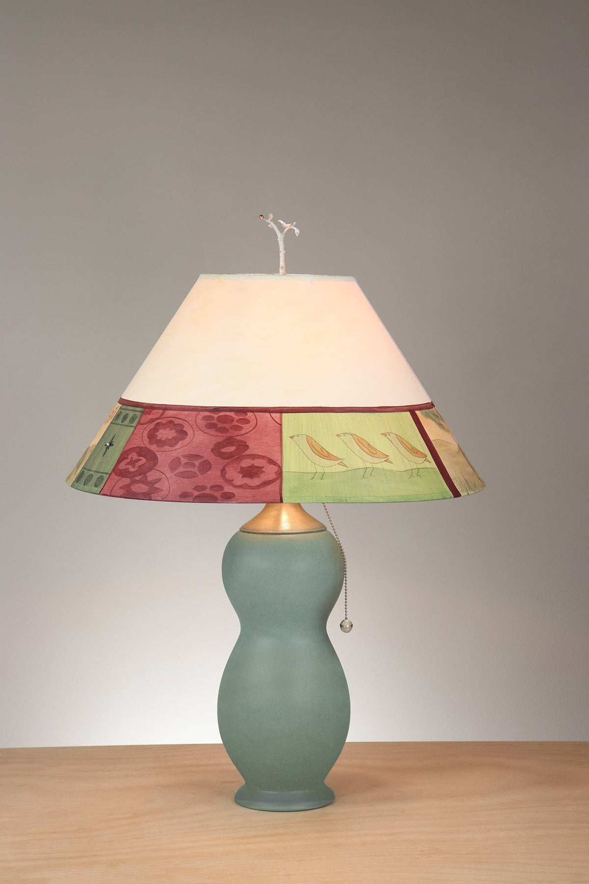 Janna Ugone &amp; Co Table Lamps Ceramic &amp; Pewter Table Lamp with Large Conical Shade in Prima Border in Ivory Crimson