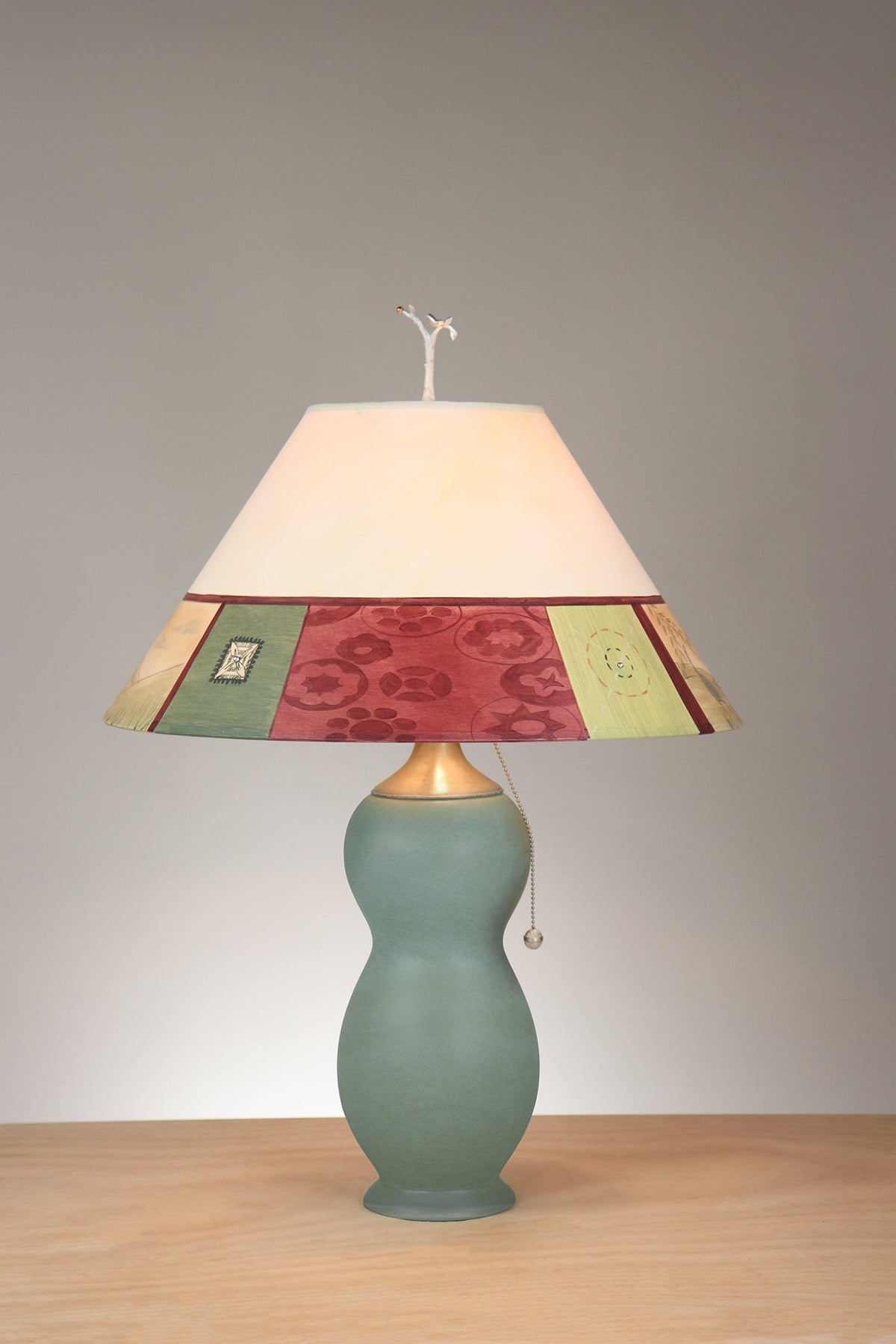 Janna Ugone &amp; Co Table Lamps Ceramic &amp; Pewter Table Lamp with Large Conical Shade in Prima Border in Ivory Crimson
